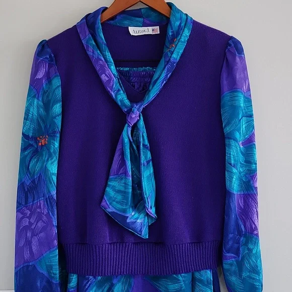 Vintage Purple & Teal Satin Skirt / Sweater Set sz 12 2pc floral print suit - Picture 2 of 7